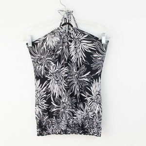 Y2K Floral Halter Top Black and White Tropical Hawaiian Vacation Size Medium